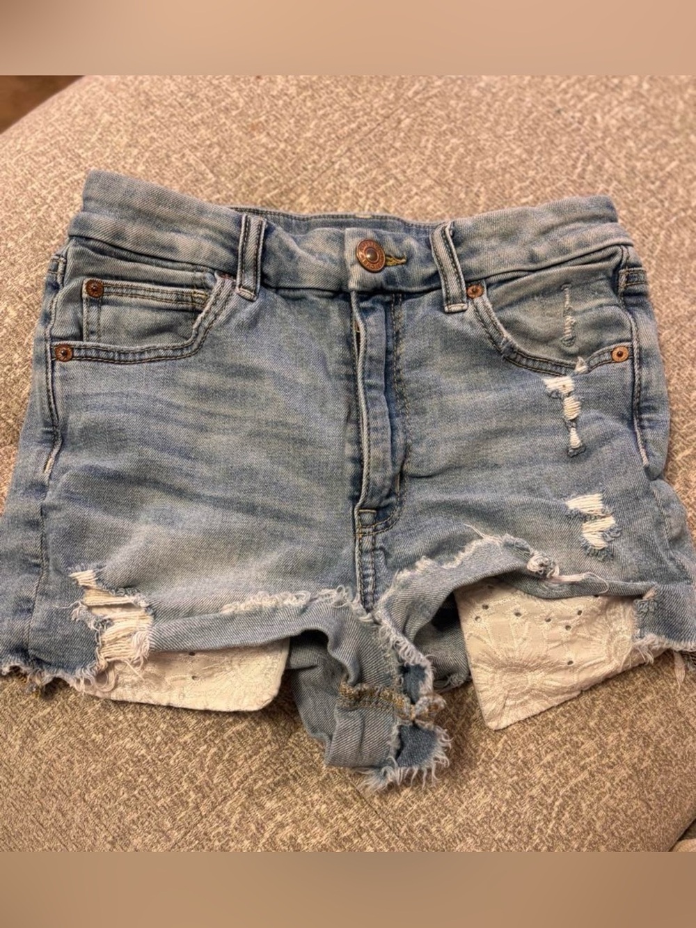 American Eagle Outfitters Light Blue Distressed Denim Shorts with Lace Inset